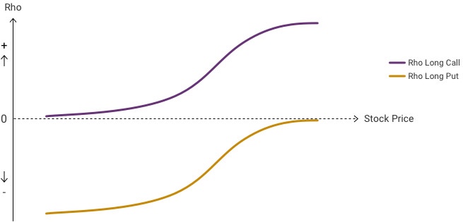 A graph shows Rho calls increase above $0 and Rho puts increase from a negative value towards $0 as stock price increases.